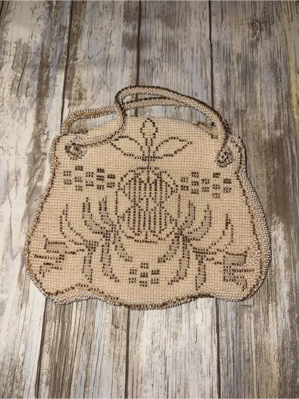 Antique Beaded Cream Evening Clutch with Brown Accented Floral Motif